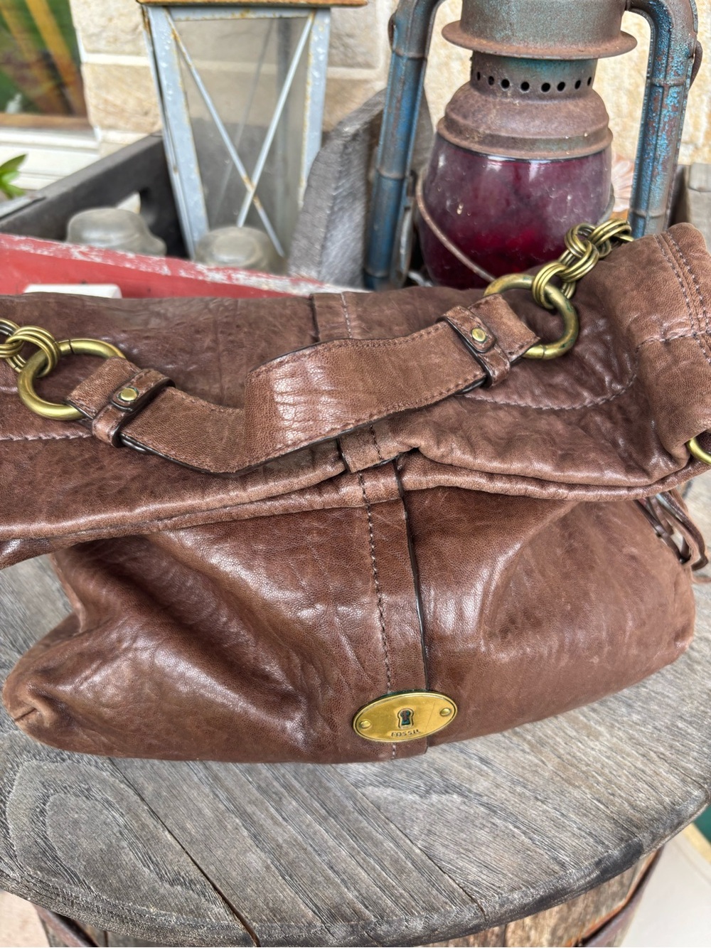 Fossil Brown Leather Foldover Shoulder Bag